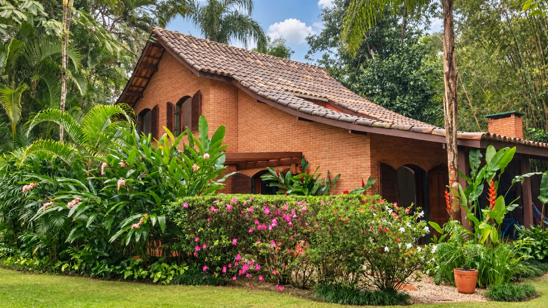 Casa de tijolos com telhado de madeira, cercada por jardim tropical