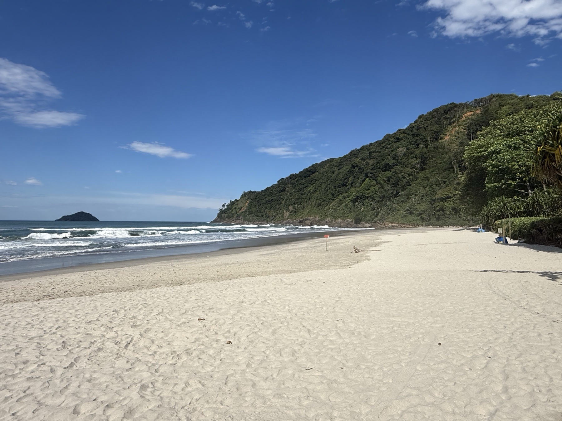 Praia de Camburi com areia clara, mar e morro coberto de mata